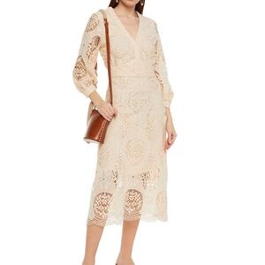 Maje Romy Guipure Lace Midi Dress Size 36 US S Women Wedding Guest V Neck Nude